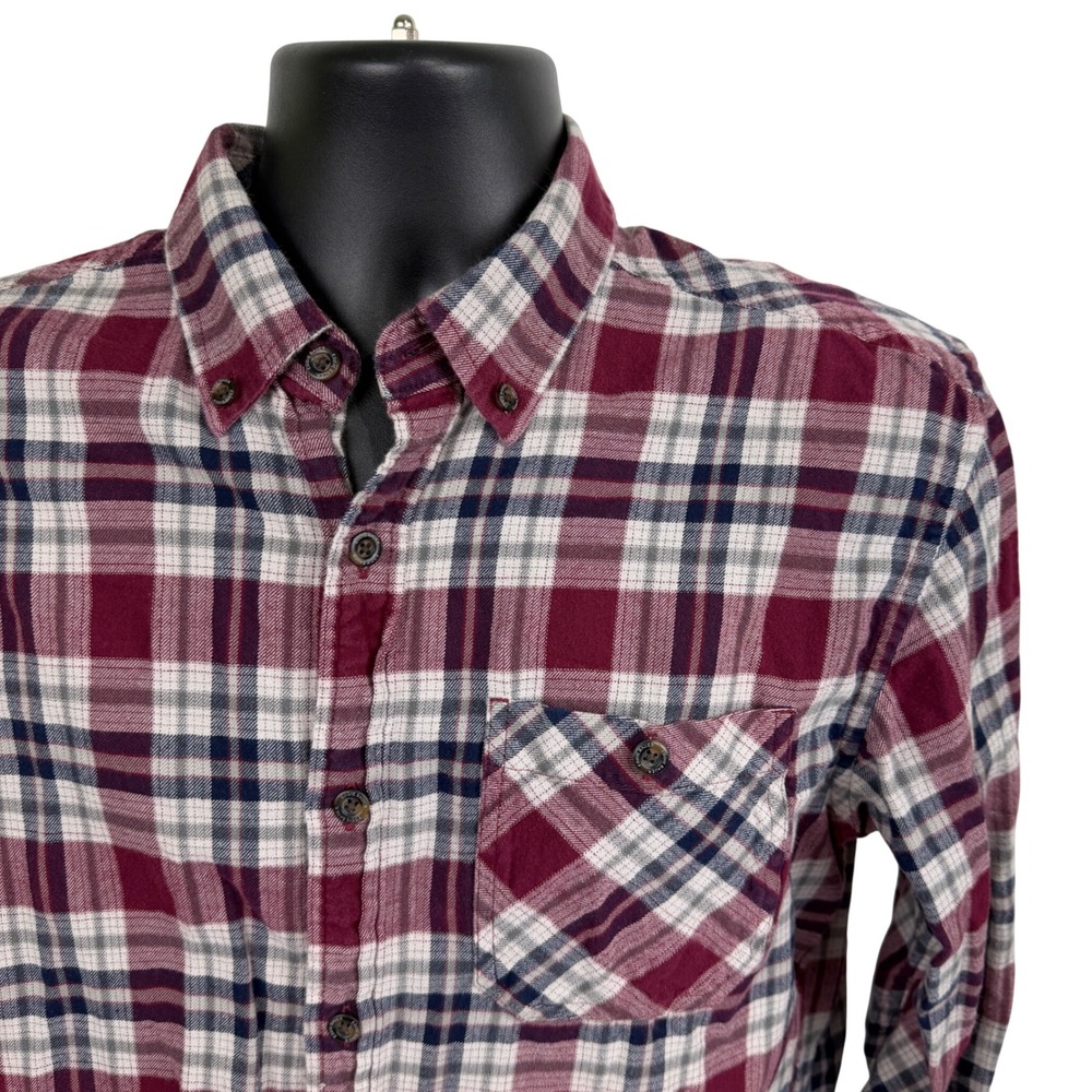 Eddie Bauer Mens Classic Fit Plaid Flannel Button Up Shirt Burgundy Blue Gray M